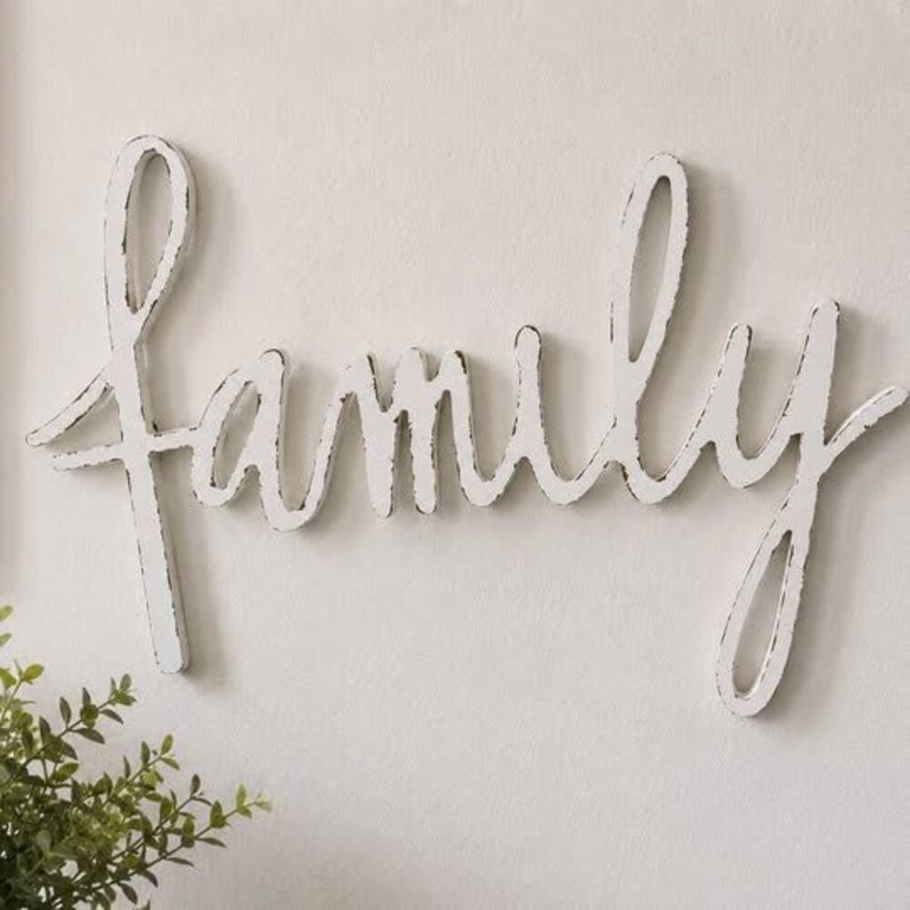 White Distressed 'Family' Script Wall Decor